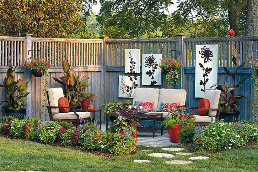 Design an outdoor space with plants for relaxation and mental peace
